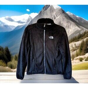 North Face Jacket Womens Small Black‎ Fuzzy Fleece Full Zip Pockets Mock Neck